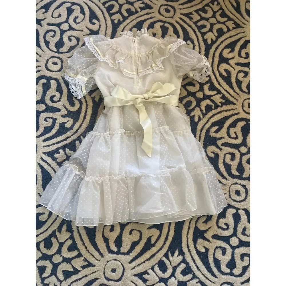 Vintage First Communion Easter White Short Sleeve Lace Dress with Veil